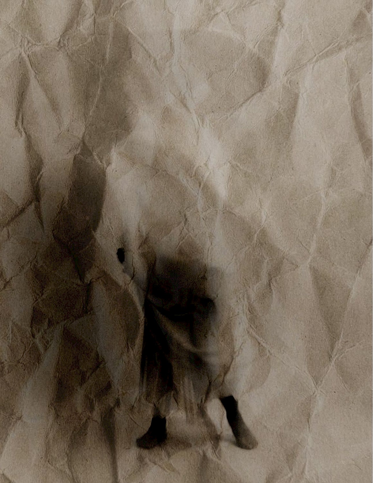ALKANARA - No fundo de um pedaço amassado de papel castanho distinguem-se dois pés, numa silhueta humana que vai desvanecendo na vertical - ©Theo Gold