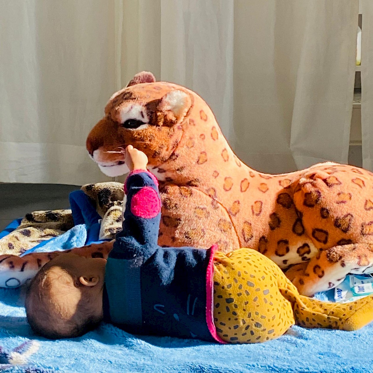 ALKANARA - Um bebé com roupas coloridas deitado num cobertor azul toca de forma divertida num grande leopardo de peluche, numa sala iluminada pelo sol com cortinas brancas. - ©Francisca Pinto