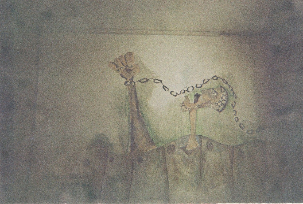 ALKANARA - Um desenho surrealista que representa uma pessoa presa e acorrentada. - ©Joana Craveiro