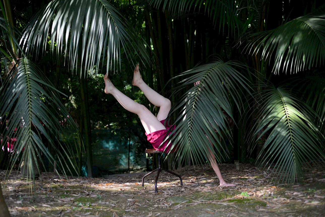 ALKANARA - A surreal image shows a person dangling upside-down from a forest floor, blending into lush green palm leaves. The scene evokes curiosity and surprise. - ©Sofia Berberan