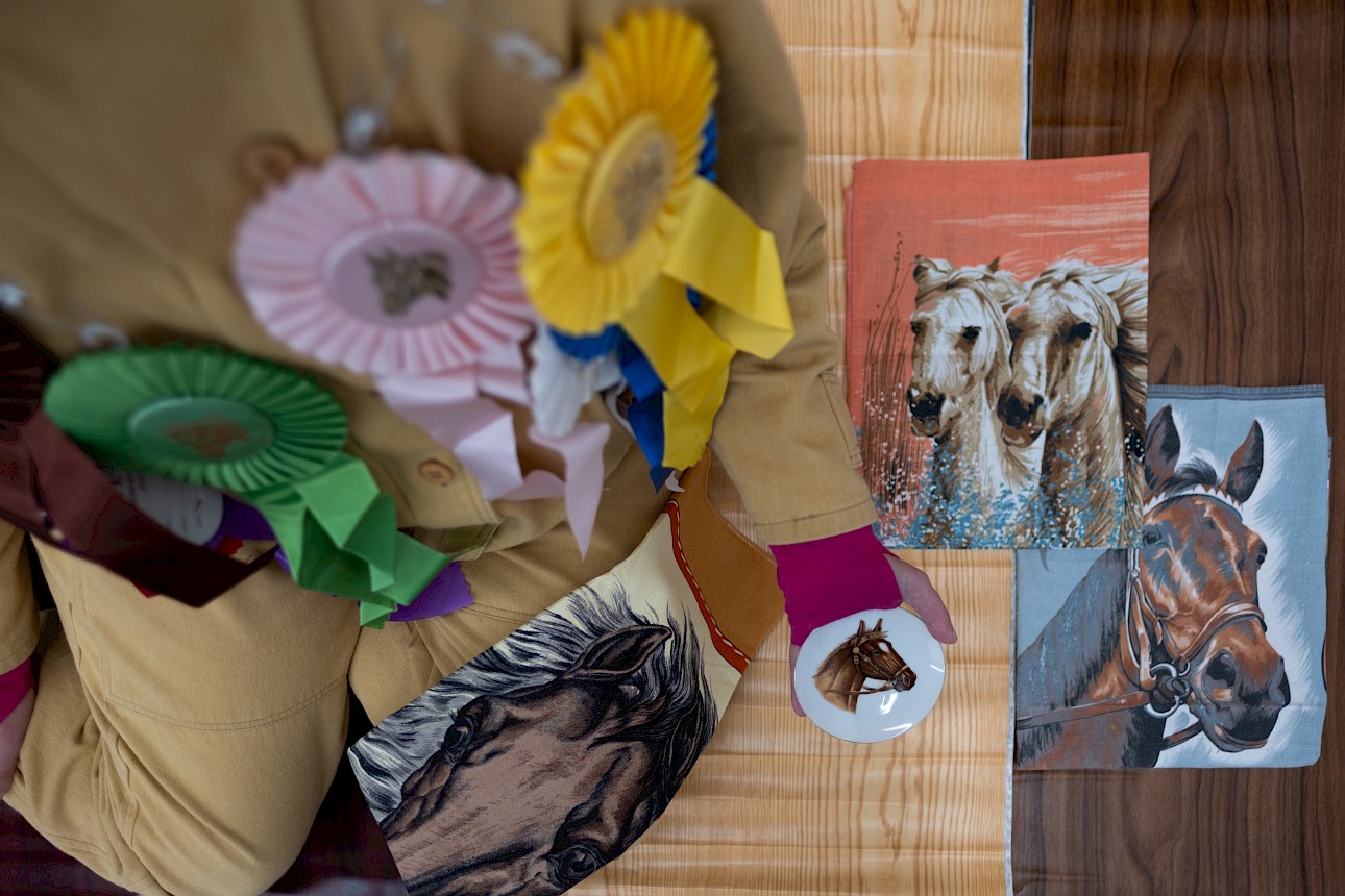 ALKANTARA - Uma pessoa adornada com fitas coloridas de concursos hípicos segura um prato com motivos equestres. Ao lado, encontram-se quadros com temas equestres e uma almofada com padrões de cavalos. - ©Raquel Melgue