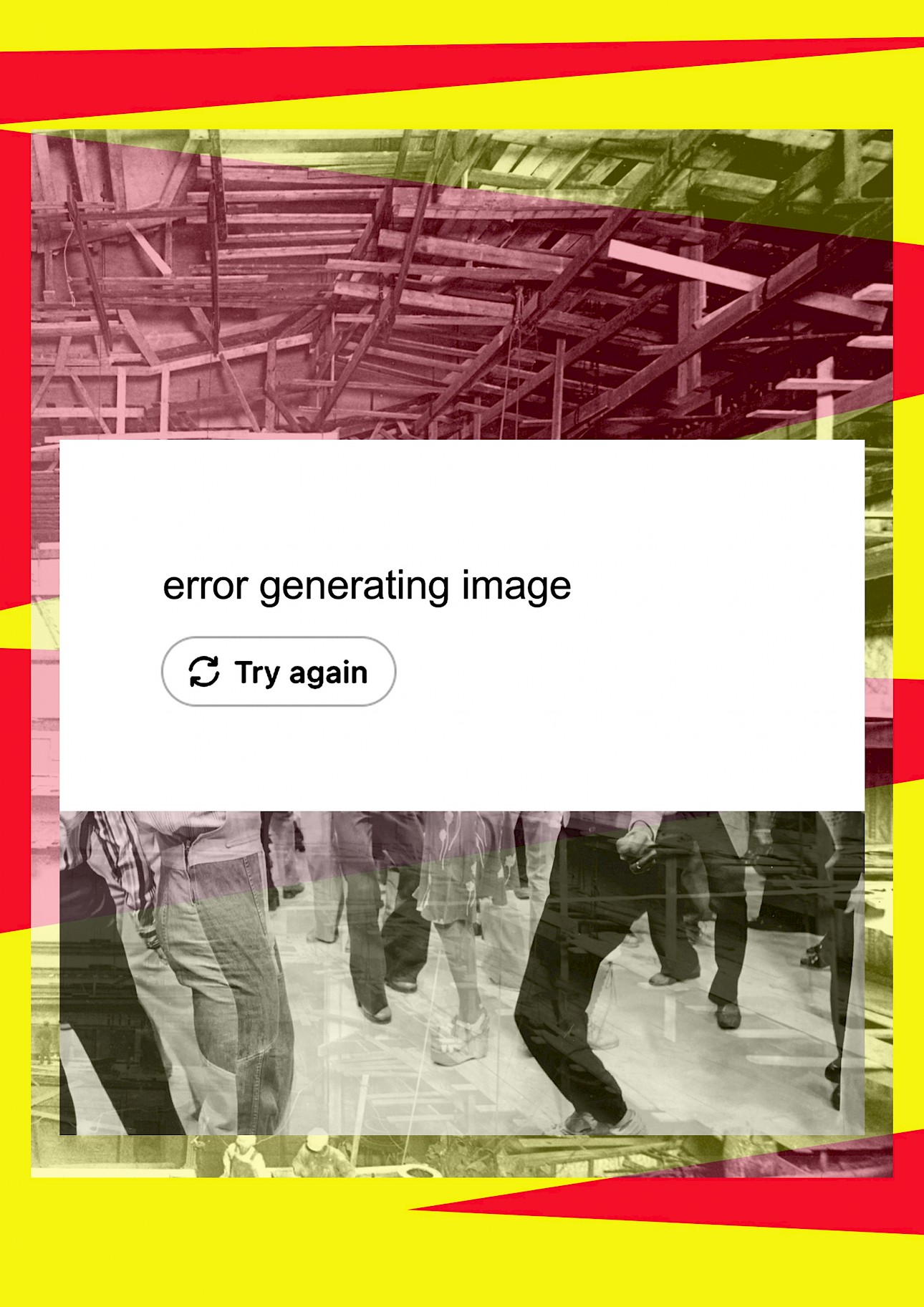 ALKANTARA - Error message displaying "error generating image" with a "Try again" button over a distorted background of people walking indoors. - ©mariana sá nogueira_cão solteiro