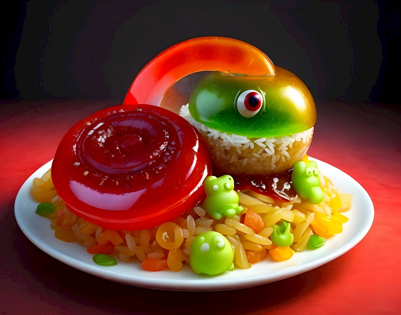 ALKANTARA - A conceptual art food dish, featuring a textured, circular red agar-agar shape and a spherical, green-and-yellow gelatin "eye" with a red pupil, resting on a bed of rice. The composition includes small green figure-shaped agar-agar pieces and chopped vegetables on a white plate, set against a gradient red background.
