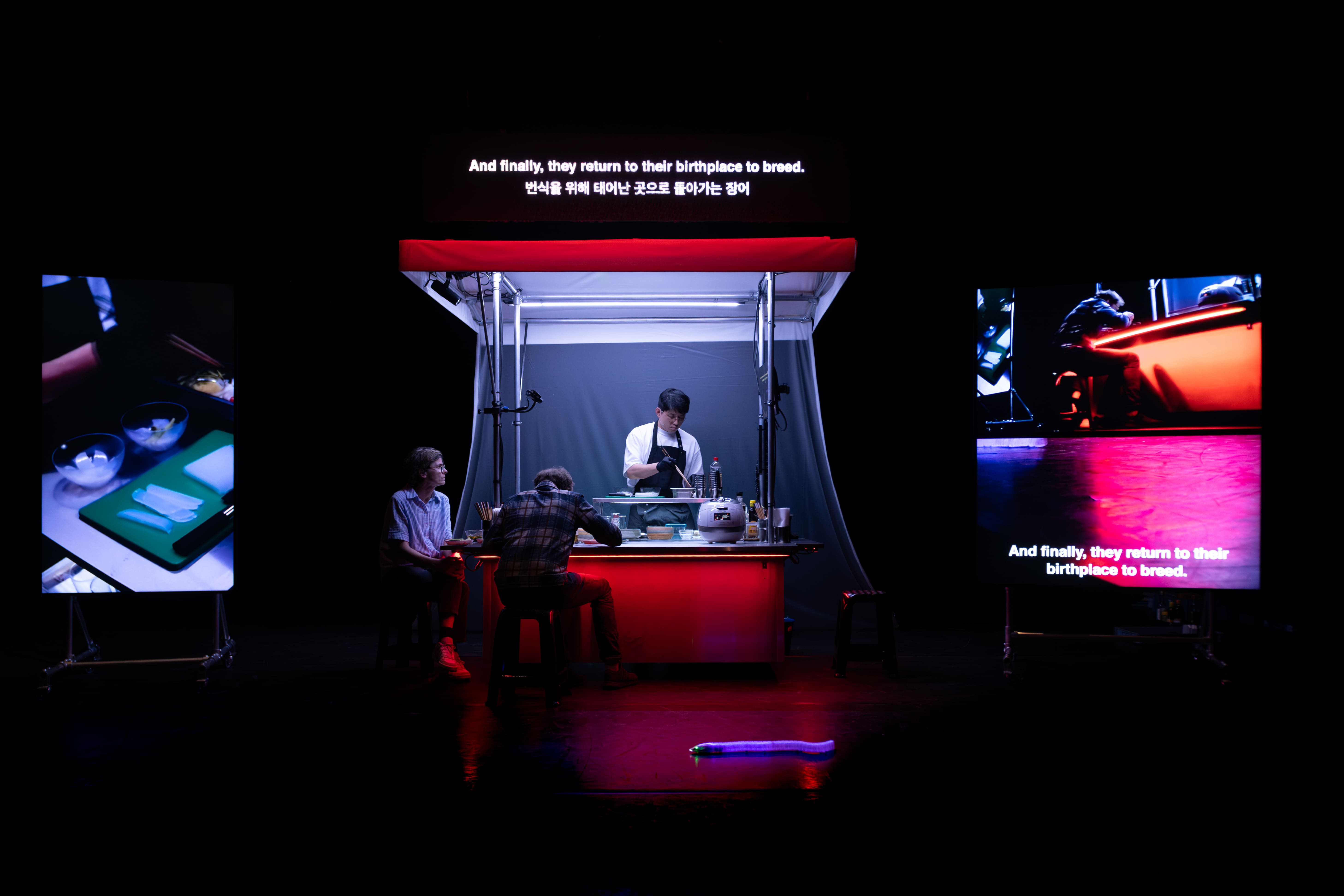 An art installation on a dark stage, featuring a lit Korean food stall with a chef cooking for two seated customers. Above, a sign displays English and Korean subtitles: "And finally, they return to their birthplace to breed." The scene is flanked by two large LED screens showing behind-the-scenes footage and the subtitle text, creating an immersive atmosphere. - Bea Borgers